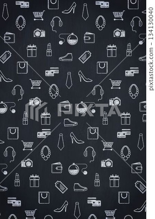Repeating grid is showing chalk-like line art shopping icons in white on dark slate background Repeating grid is showing chalk-like line art shopping icons in white on dark slate background 134130040