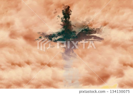 Flat design showing vertical cloud plume rising from warm-toned cloud sea glowing orange at sunset 134130075
