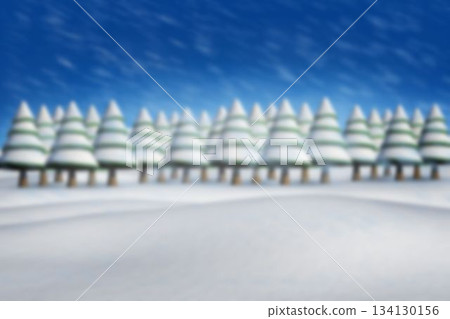 Snow-topped evergreen trees standing along winter snowdrifts under blue sky with falling snow 134130156