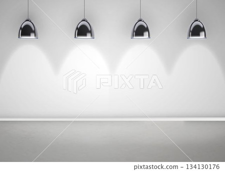 Four chrome dome lights are casting soft semicircle glows on plain white wall, flat style Four chrome dome lights are casting soft semicircle glows on plain white wall, flat style 134130176