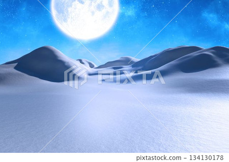 Full moon is illuminating rolling glowing snow dunes under starry flat design night sky 134130178