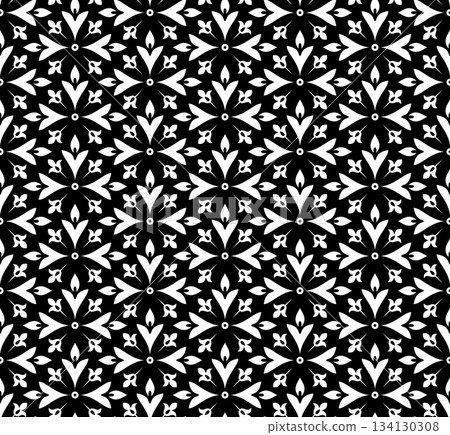 Flower geometric pattern. Seamless vector background. White and black ornament. Ornament for fabric, wallpaper, packaging. Decorative print. 134130308