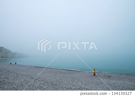 A Misty Beach Day featuring a Solitary Figure standing on a beautiful Pebbled Shoreline A Misty Beach Day featuring a Solitary Figure standing on a beautiful Pebbled Shoreline 134130327