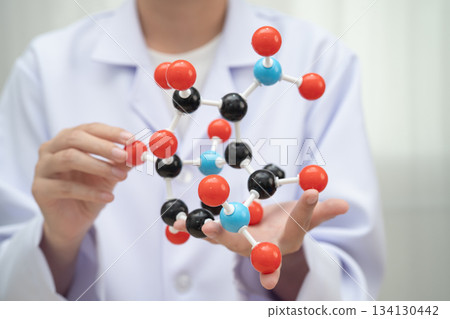 Scientist holding molecular model for chemical technology. 134130442