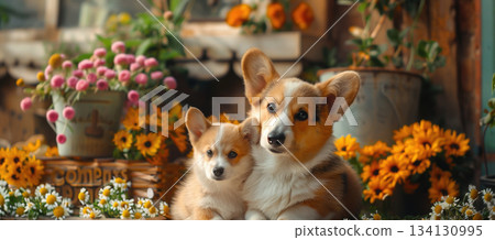 corgi mother and puppy with flowers warm family love 134130995