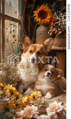 corgi mother and puppy with flowers warm family love corgi mother and puppy with flowers warm family love 134130996