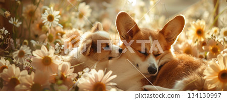 corgi mother and puppy with flowers warm family love 134130997