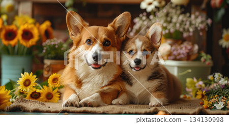 corgi mother and puppy with flowers warm family love 134130998