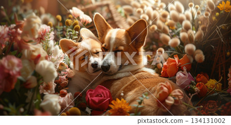 corgi mother and puppy with flowers warm family love 134131002