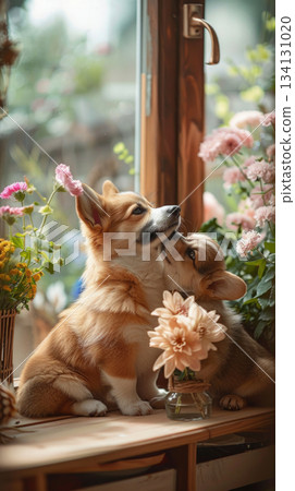 corgi mother and puppy with flowers warm family love 134131020
