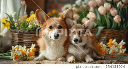 corgi mother and puppy with flowers warm family love 134131024