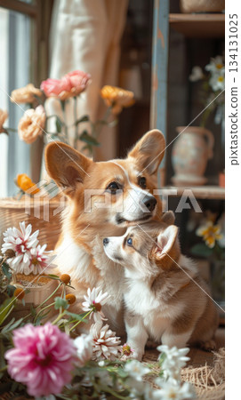 corgi mother and puppy with flowers warm family love 134131025