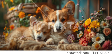 corgi mother and puppy with flowers warm family love 134131026