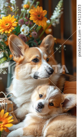 corgi mother and puppy with flowers warm family love 134131033