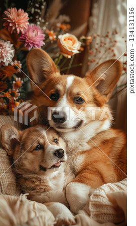 corgi mother and puppy with flowers warm family love 134131156