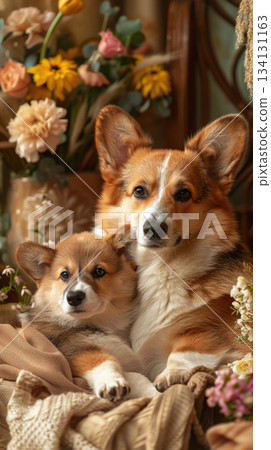 corgi mother and puppy with flowers warm family love 134131163