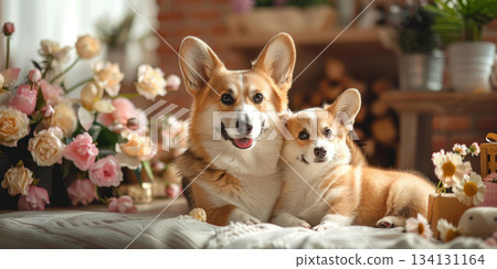 corgi mother and puppy with flowers warm family love 134131164