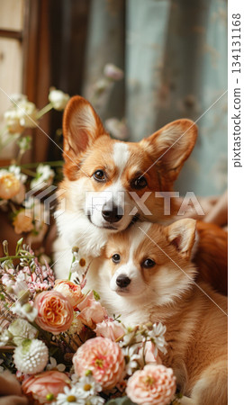 corgi mother and puppy with flowers warm family love corgi mother and puppy with flowers warm family love 134131168