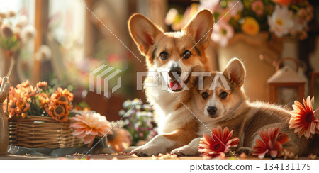 corgi mother and puppy with flowers warm family love corgi mother and puppy with flowers warm family love 134131175