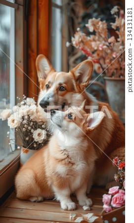 corgi mother and puppy with flowers warm family love 134131181