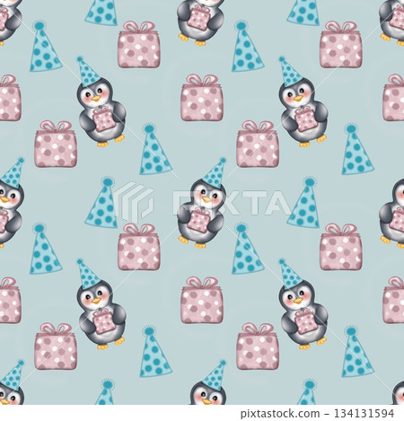 Seamless pattern Cute penguins collection in winter Hand drawn watercolor illustration 134131594