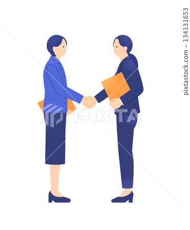 A scene where a business deal is concluded. Two businesswomen shaking hands to exchange contracts. Vector illustration material 134131653