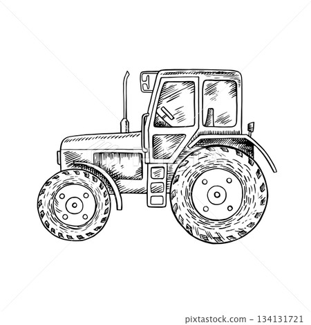Agricultural tractor. Black and white vector illustration drawn by hand. Concept of agricultural machinery. Element of banner, label, postcard, and more design. Agricultural tractor. Black and white vector illustration drawn by hand. Concept of agricultural machinery. Element of banner, label, postcard, and more design. 134131721