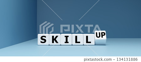 Skill Up and Professional Development Concept with Letter Blocks on Blue Background Skill Up and Professional Development Concept with Letter Blocks on Blue Background 134131886