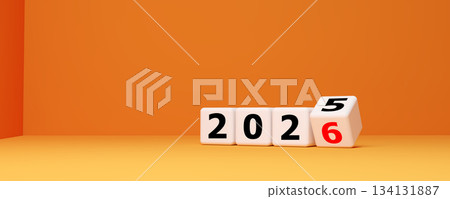 2026 New Year and Business Transition Concept with White Rolling Dice on Orange Background 2026 New Year and Business Transition Concept with White Rolling Dice on Orange Background 134131887