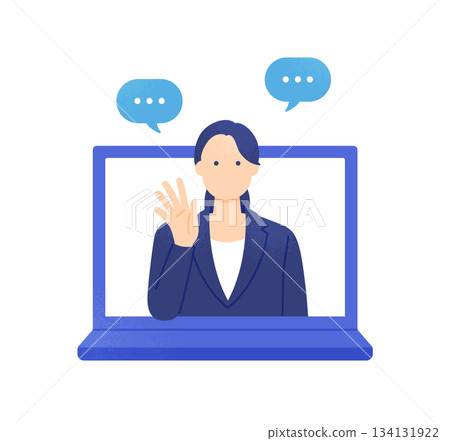 一位商務人士正在網路上招呼客戶。一位女士透過電腦螢幕提供指導。諮詢回覆範例。 134131922