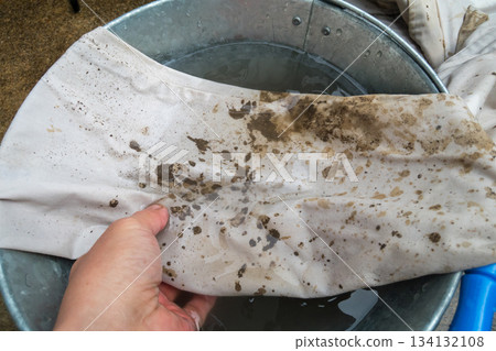 我插完稻後洗了工作服，但污漬洗不掉。 134132108