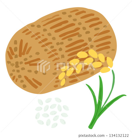 Illustration of ingredients without main lines_rice sacks, rice ears and rice grains 134132122