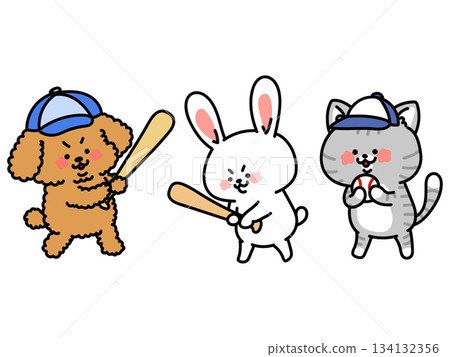 Let's play baseball! A trio of dogs, cats and rabbits who want to play baseball 134132356