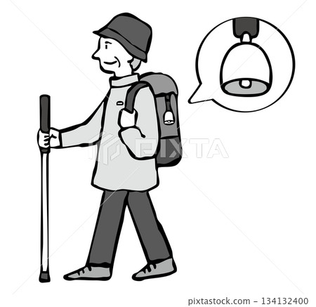 Monochrome: Senior man hiking a mountain wearing a bear bell Monochrome: Senior man hiking a mountain wearing a bear bell 134132400