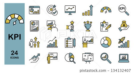 Business KPI and progress management line icon set (color) Business KPI and progress management line icon set (color) 134132407