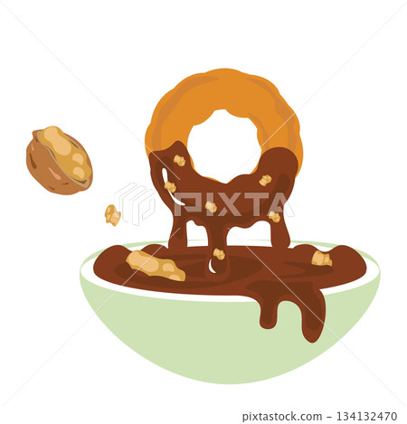 Illustration of a donut dipped in chocolate sauce with cracked walnuts 134132470