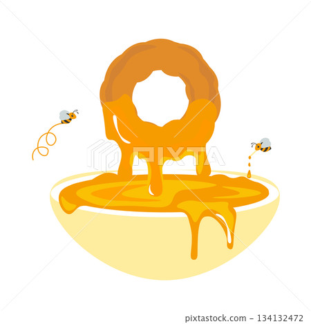 Illustration of a bee and a donut dipped in honey sauce 134132472