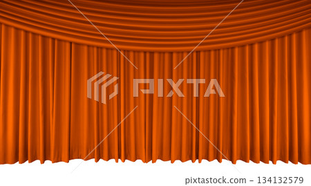 Orange stage curtain with long top edge, isolated on white background. 134132579