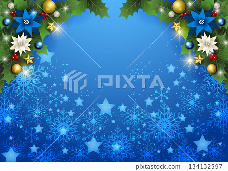 Christmas background, snowflakes and stars, blue, glitter, cute, illustration, horizontal 134132597