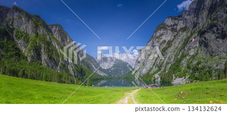 Mountain valley with tracks near Obersee lake in Berchtesgaden National Park Mountain valley with tracks near Obersee lake in Berchtesgaden National Park 134132624
