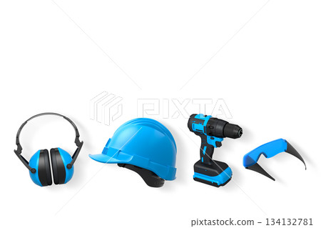 Protective gear featuring helmet, earmuffs, and goggles isolated on white background with clipping path, concept of safety 134132781