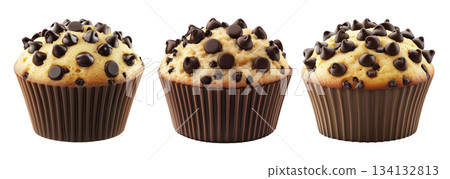 Chocolate chip muffin with golden top and dark wrapper, isolated on white background, concept of sweet food and dessert Chocolate chip muffin with golden top and dark wrapper, isolated on white background, concept of sweet food and dessert 134132813