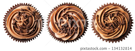 Chocolate cupcake topped with creamy swirled frosting and chocolate shavings, isolated on white background Chocolate cupcake topped with creamy swirled frosting and chocolate shavings, isolated on white background 134132814
