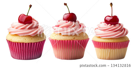 Cupcake with pink swirl frosting and red cherry on top, isolated on white background, concept of dessert treat Cupcake with pink swirl frosting and red cherry on top, isolated on white background, concept of dessert treat 134132816