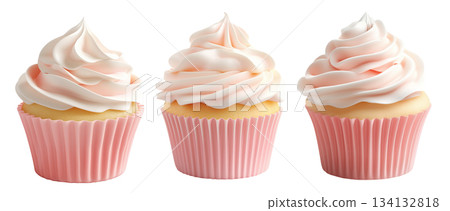 Vanilla cupcake with smooth pink whipped cream frosting in soft pink wrapper isolated on white transparent background 134132818