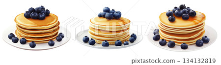Fluffy pancake stack topped with fresh blueberries, isolated on white background. Concept of breakfast or brunch meal 134132819