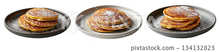 Stack of fluffy golden pancakes sprinkled with powdered sugar on a ceramic plate, isolated on white background Stack of fluffy golden pancakes sprinkled with powdered sugar on a ceramic plate, isolated on white background 134132823