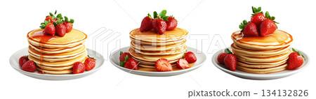 Fluffy pancakes stacked with strawberries and maple syrup, isolated on white background, concept of breakfast treat Fluffy pancakes stacked with strawberries and maple syrup, isolated on white background, concept of breakfast treat 134132826