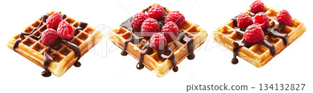 Waffle topped with fresh raspberries and drizzled chocolate syrup, isolated on white, concept of sweet dessert snack 134132827
