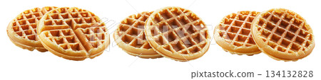 Close-up of two crispy golden waffles stacked together isolated on white background, concept of breakfast and sweet food 134132828